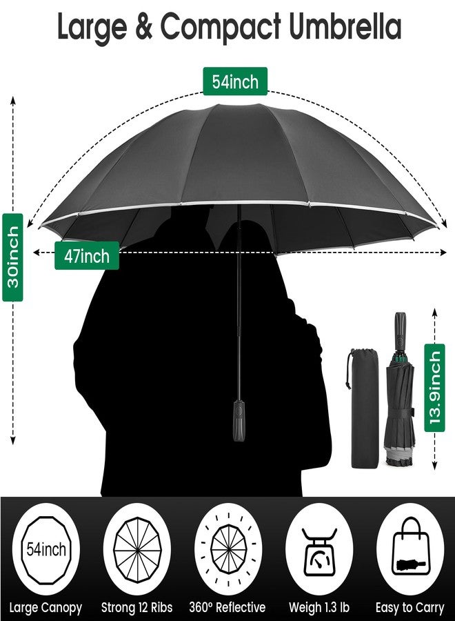 جي4فري مظلة G4Free كبيرة الحجم 54 بوصة ذات طبقتين قابلة للطي، 12 ضلعًا، مظلة قابلة للطي أوتوماتيكيًا مقاومة للرياح مع شريط عاكس (أسود) - Image 5