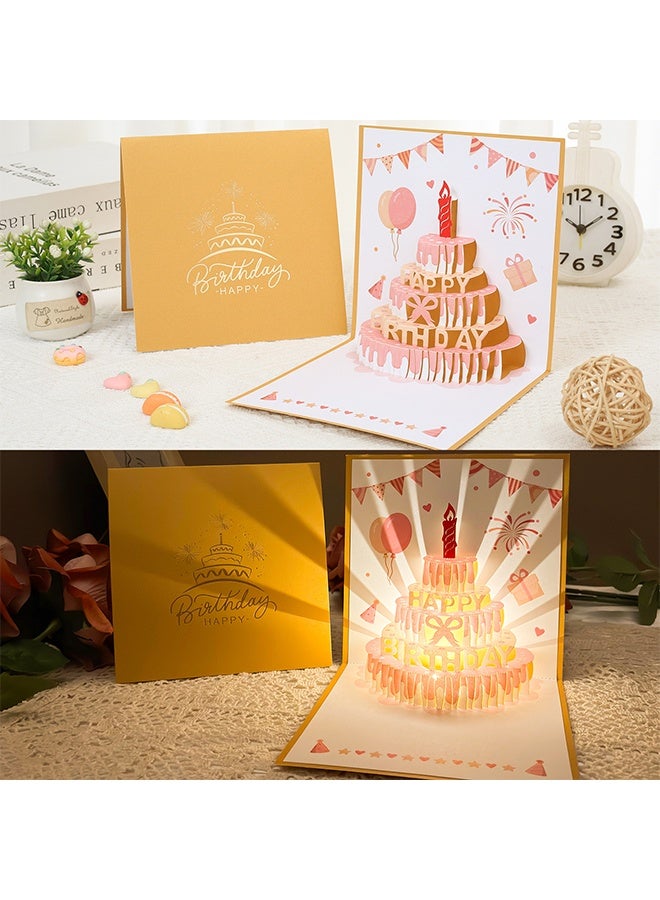 بطاقات عيد ميلاد ثلاثية الأبعاد، بطاقة كعكة عيد ميلاد بإضاءة LED دافئة، بطاقات تهنئة موسيقية، هدية للأم والزوجة والأخت والبنت. - Image 2
