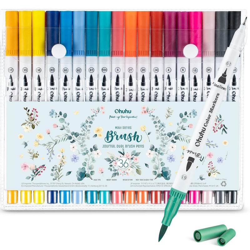 Ohuhu Markers for Adult Coloring Books No Bleeding 36 Colors Coloring Markers Waterbased Dual Tips Fineliner Brush Drawing Pens Art Pens for Kids Adults Sketch Journal Maui White - Image 3