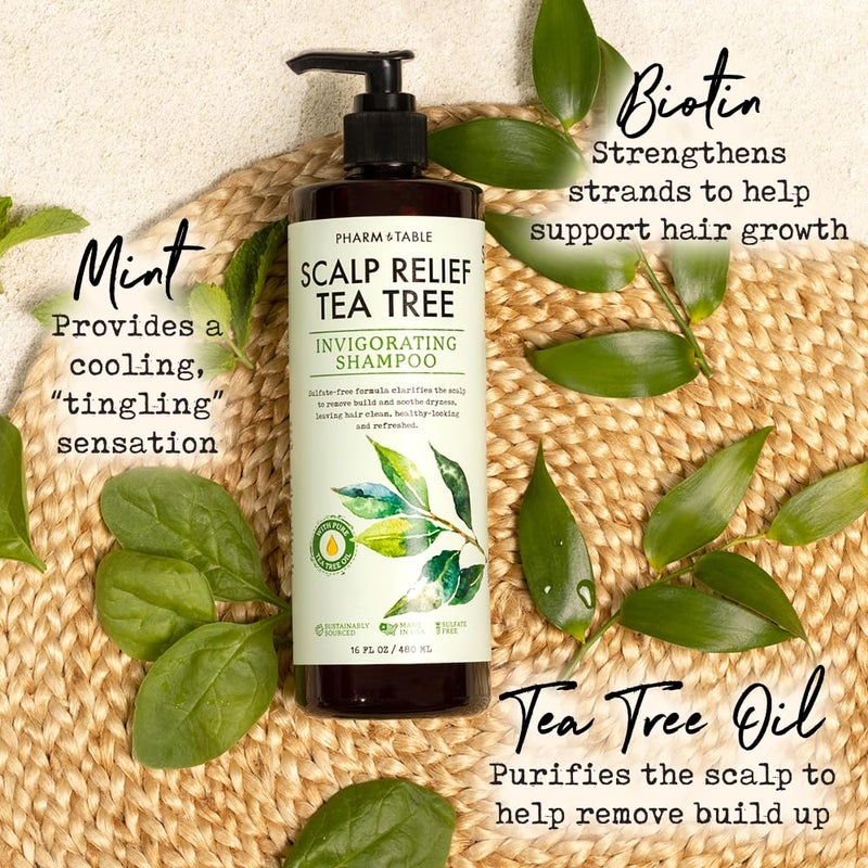 PHARM TO TABLE Tea Tree Shampoo For Men and Women, Deep Cleansing Sulfate-Free Formula - Relief for Dry Itchy Scalp - Infused with Tea Tree oil, Mint, Biotin and Vitamin E, 16.2oz - Image 3