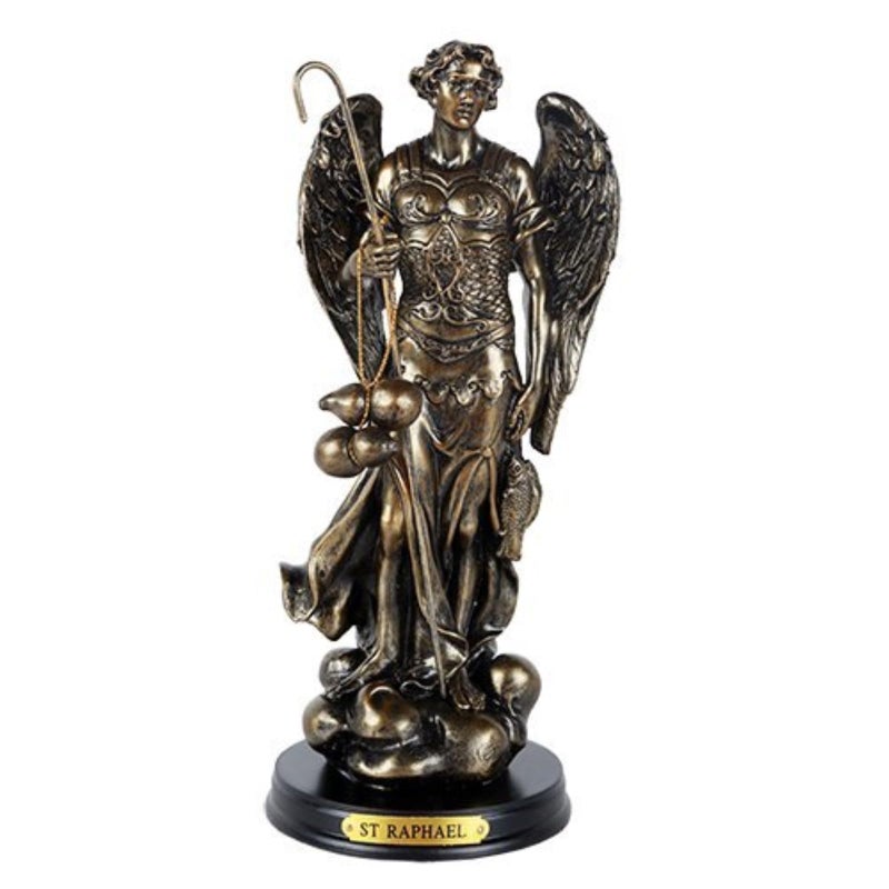 Pacific Giftware Archangel St Raphael with Staff and Healing Oil Patron Saint of Travellers and Medical Workers Black Base with Brass Name Plate BronzeFinished Religious Figurine 825 H - Image 2