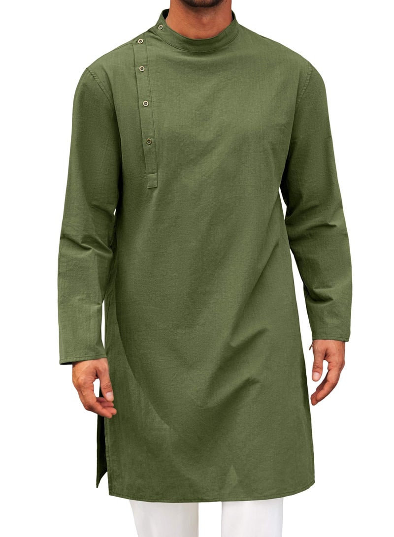 Mens Kaftan Thobe Robe Long Sleeve Cotton Henley Shirt Casual Muslim Gown Salwar Kurta  - Image 1