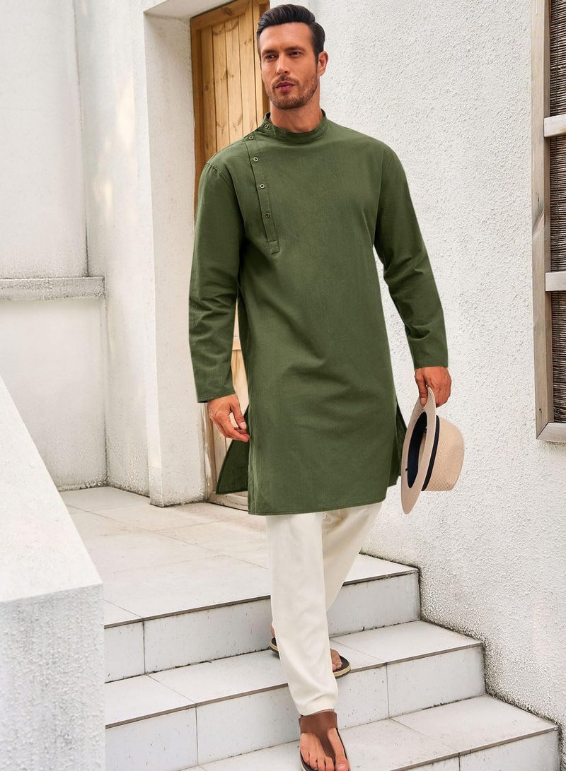Mens Kaftan Thobe Robe Long Sleeve Cotton Henley Shirt Casual Muslim Gown Salwar Kurta  - Image 4
