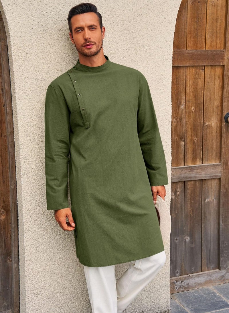 Mens Kaftan Thobe Robe Long Sleeve Cotton Henley Shirt Casual Muslim Gown Salwar Kurta  - Image 3