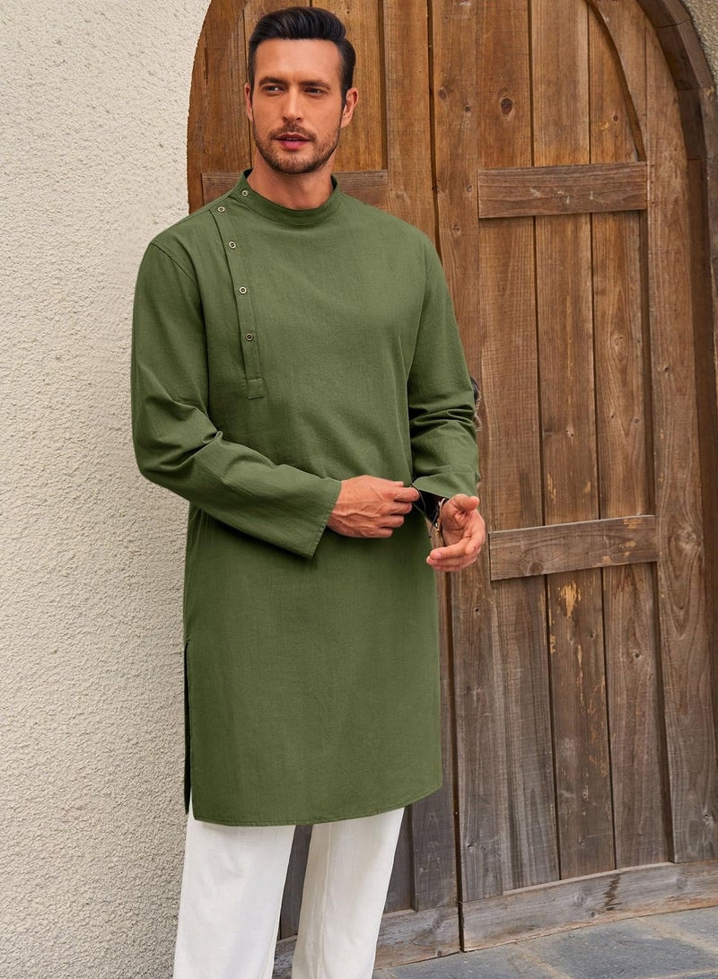 Mens Kaftan Thobe Robe Long Sleeve Cotton Henley Shirt Casual Muslim Gown Salwar Kurta  - Image 2