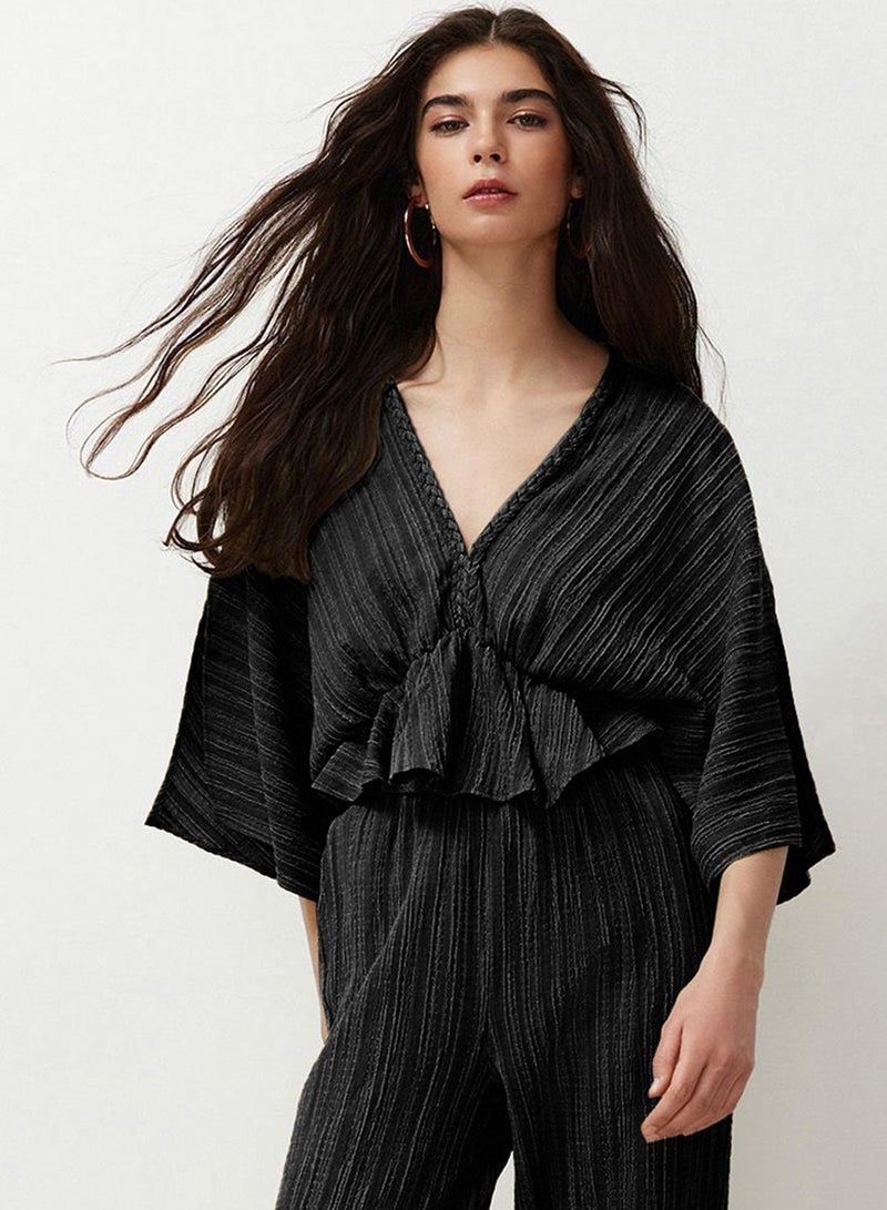 trendyol Black Textured Fabric Flounce Woven Blouse Twoss24Bz00480 - Image 3