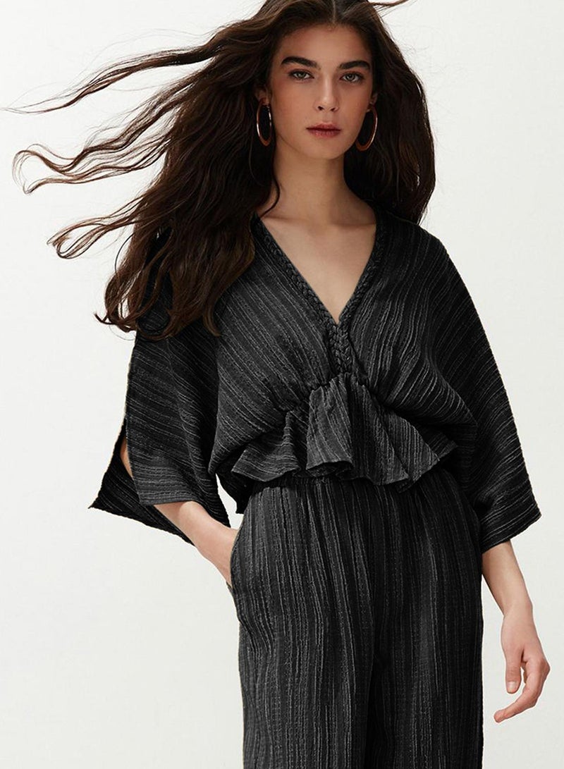 trendyol Black Textured Fabric Flounce Woven Blouse Twoss24Bz00480 - Image 2
