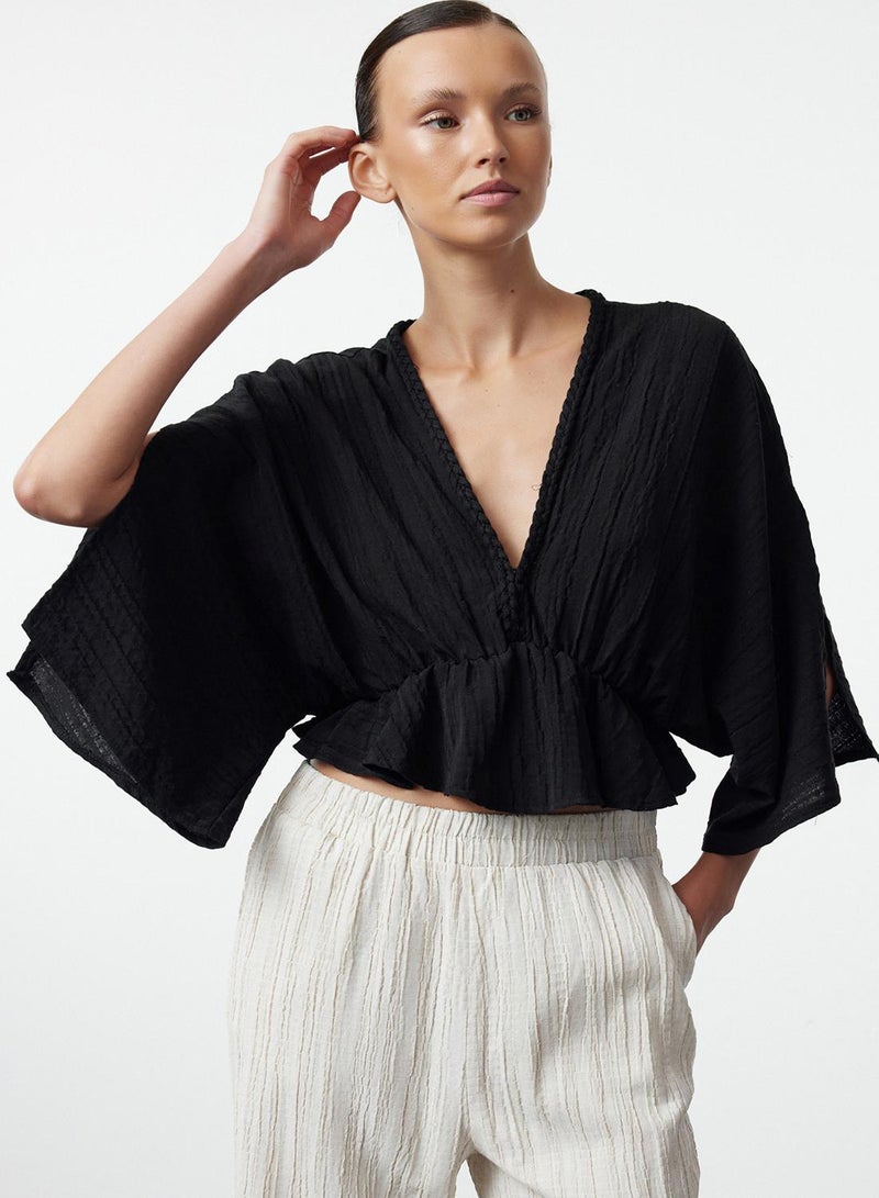 trendyol Black Textured Fabric Flounce Woven Blouse Twoss24Bz00480 - Image 4