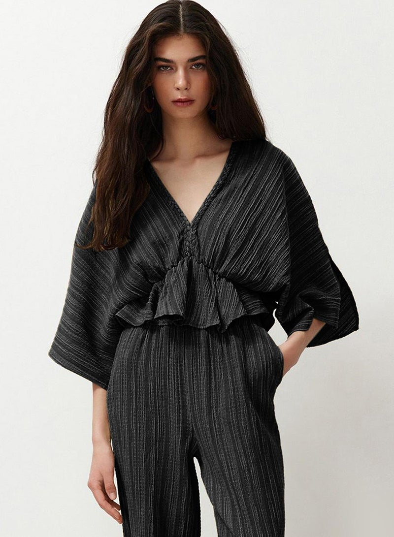 trendyol Black Textured Fabric Flounce Woven Blouse Twoss24Bz00480 - Image 1