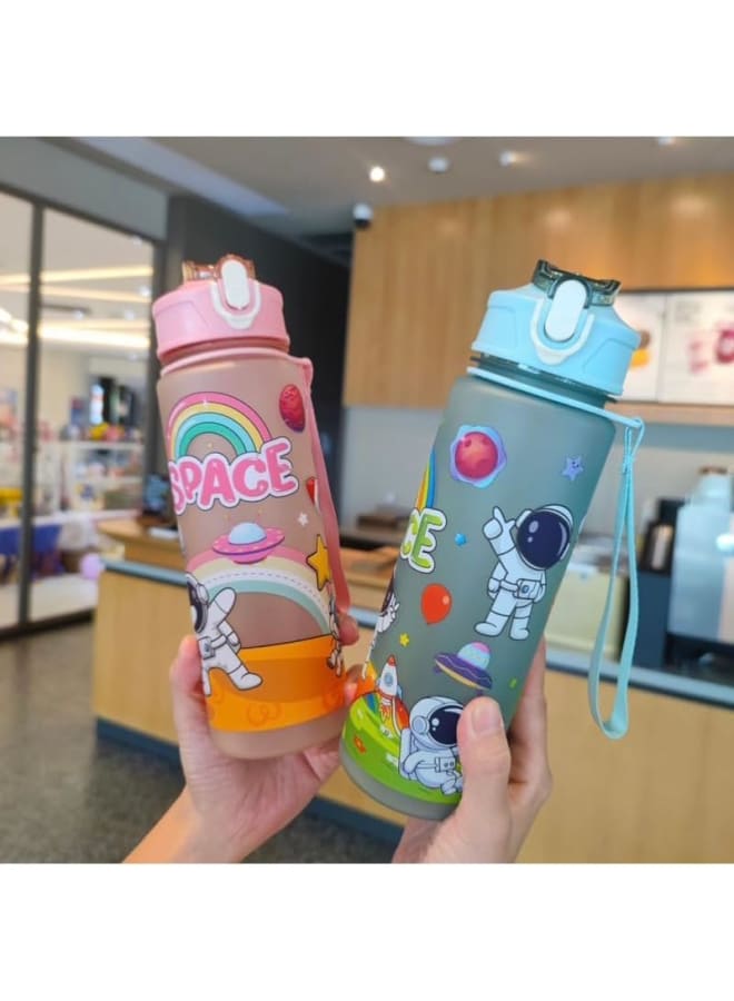 LIGHTER HOUSE 650ml cute Children ASTRONAUT SPACE Water Bottle with Straw PP Plastic BPA Free Safe Kid Outdoor Portable Drink Bottle with Strap (01 Pc.) Assorted Colour - Image 2