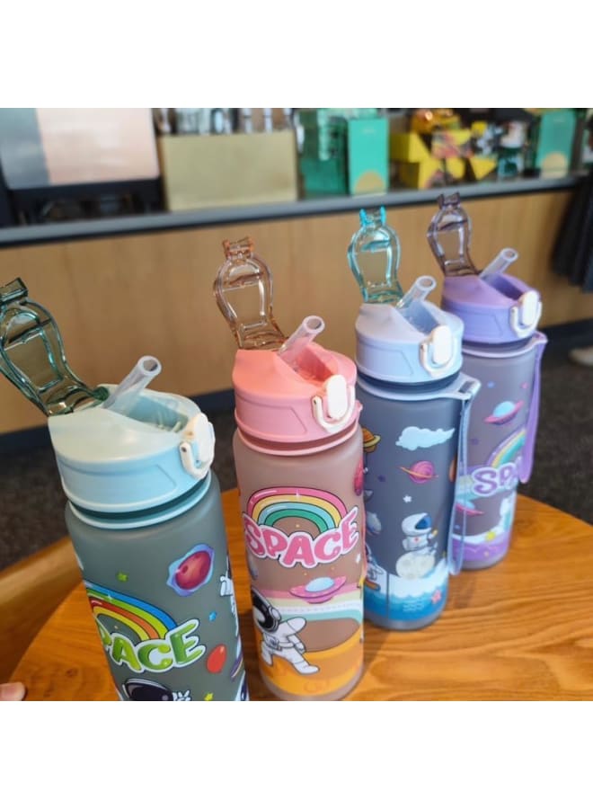 LIGHTER HOUSE 650ml cute Children ASTRONAUT SPACE Water Bottle with Straw PP Plastic BPA Free Safe Kid Outdoor Portable Drink Bottle with Strap (01 Pc.) Assorted Colour - Image 4
