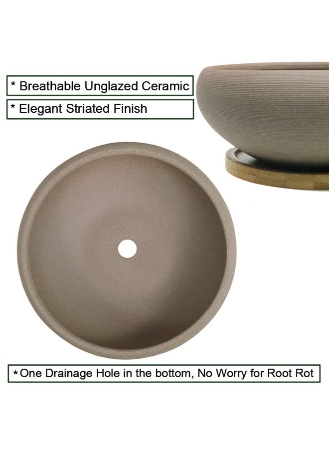 MUZHI Round Unglazed Ceramic Bonsai Pot with Bamboo Tray, Large Rough Pottery Succulent Planter with Drainage Hole 8 inch â€¦ - Image 3