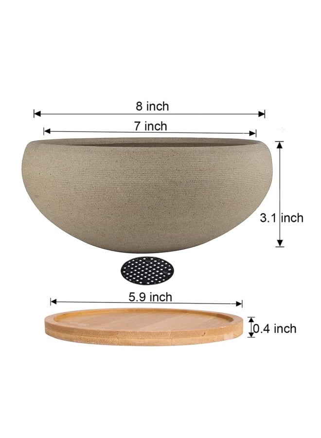 MUZHI Round Unglazed Ceramic Bonsai Pot with Bamboo Tray, Large Rough Pottery Succulent Planter with Drainage Hole 8 inch â€¦ - Image 2