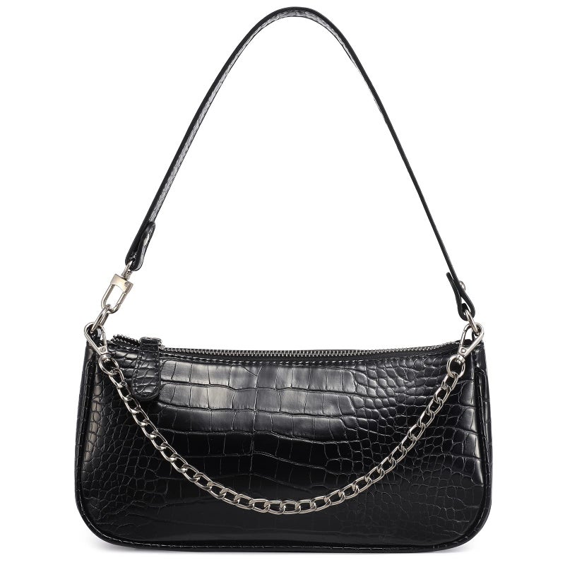Loiral Loiral Shoulder Bags for Women, Retro Classic Tote HandBag Crocodile Pattern Clutch Mini Purse with Zipper Closure, Black  - Image 1