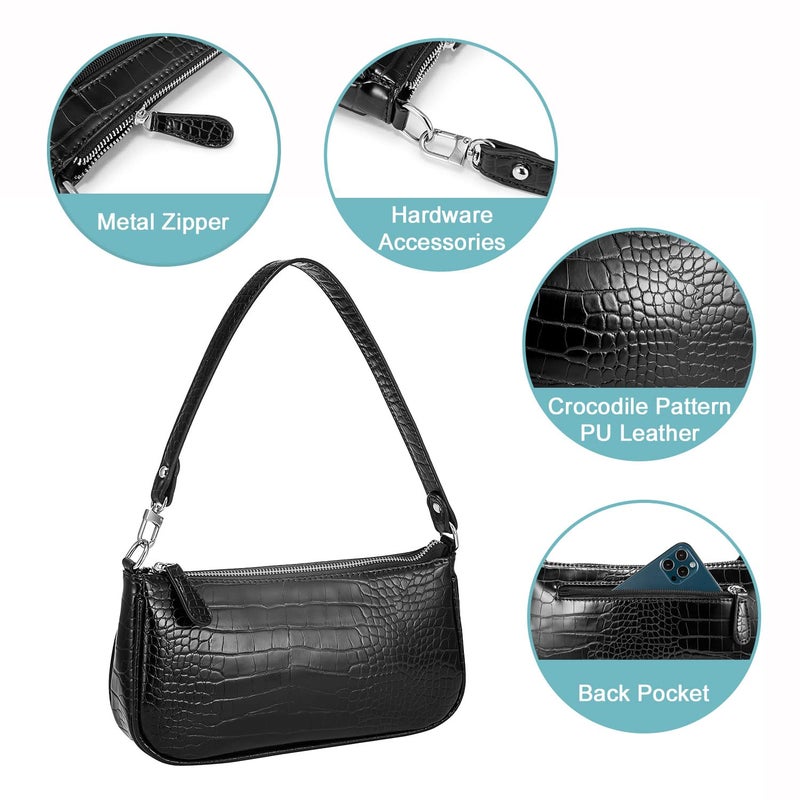 Loiral Loiral Shoulder Bags for Women, Retro Classic Tote HandBag Crocodile Pattern Clutch Mini Purse with Zipper Closure, Black  - Image 5