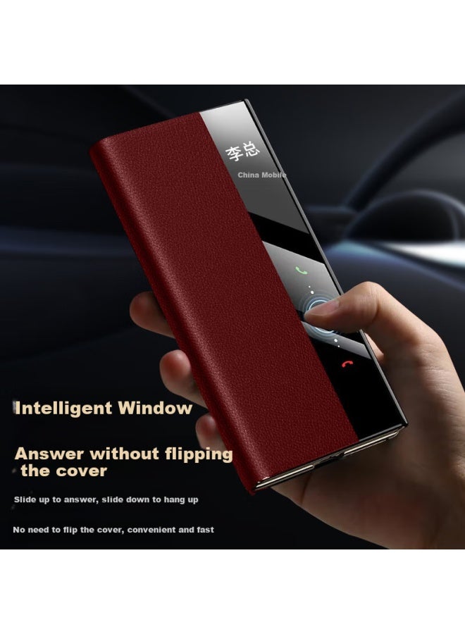 Freeson Genuine Leather Protective Case For Huawei Mate Xt, Matext Three-fold Screen Full Coverage Anti-drop Smart View Leather Case Top Layer Cowhide - Red - Image 3