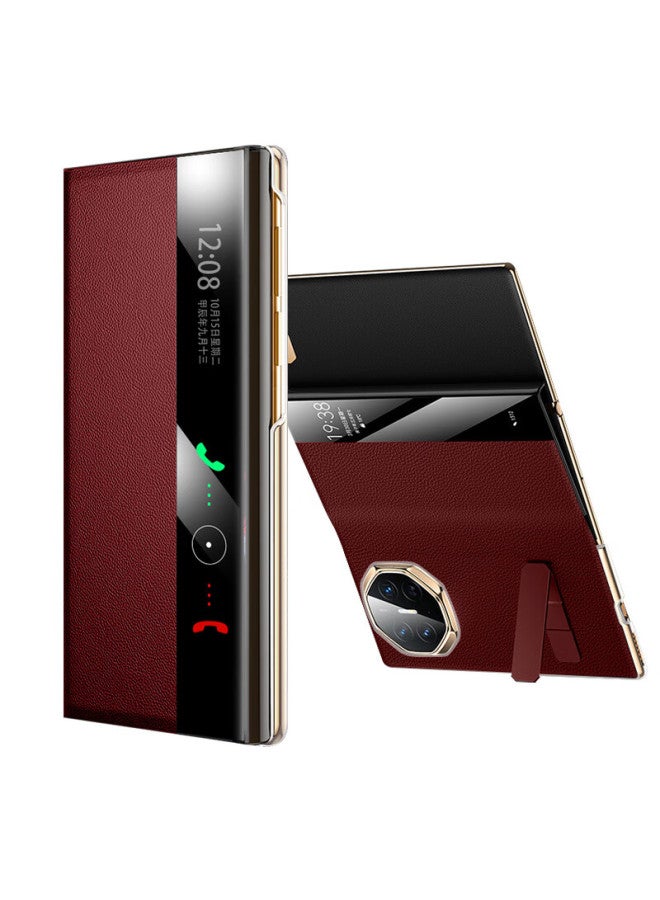 Freeson Genuine Leather Protective Case For Huawei Mate Xt, Matext Three-fold Screen Full Coverage Anti-drop Smart View Leather Case Top Layer Cowhide - Red - Image 4
