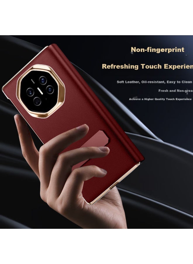 Freeson Genuine Leather Protective Case For Huawei Mate Xt, Matext Three-fold Screen Full Coverage Anti-drop Smart View Leather Case Top Layer Cowhide - Red - Image 2