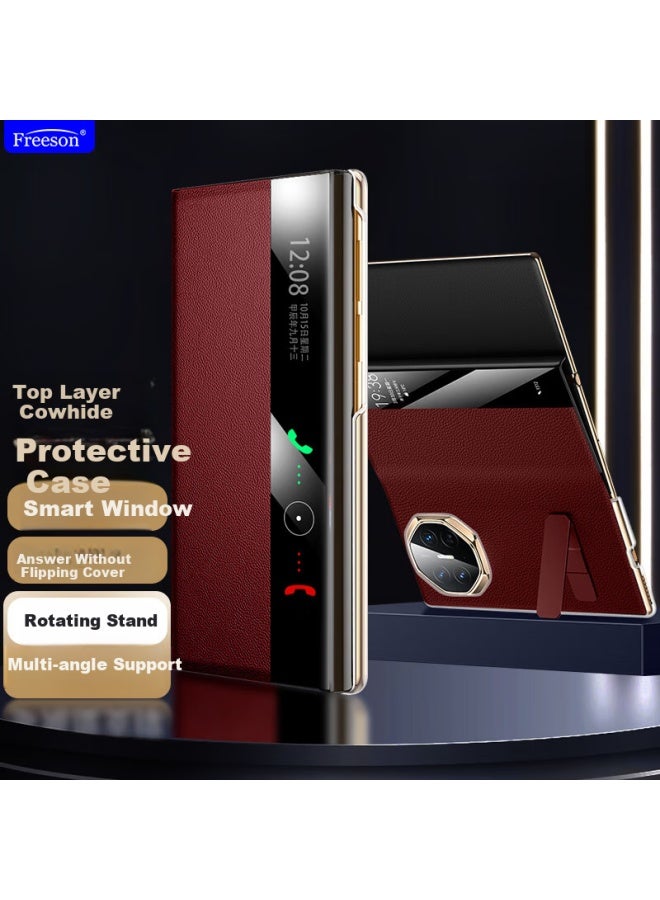 Freeson Genuine Leather Protective Case For Huawei Mate Xt, Matext Three-fold Screen Full Coverage Anti-drop Smart View Leather Case Top Layer Cowhide - Red - Image 1