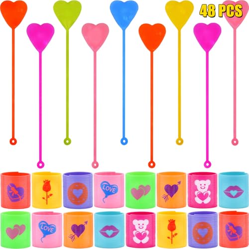 Howzcci 48 PCS Valentines Party Favors Toys 24 PCS Sticky Hands Toy with 24 PCS Mini Coil Springs Toys for Kids Girls Boys School Class Classroom Valentines Day Gifts Prizes Party Favors - Image 1