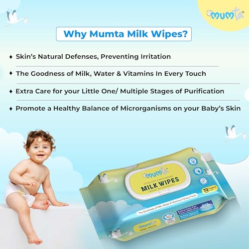 MUMta Milk baby wipes | With 99% Pure Water, Milk and Probiotics- 648 wipes| Plant Based Fabric for Sensitive Skin| Prevents irritation & rashes.(72 Each, Pack of 9) - Image 3