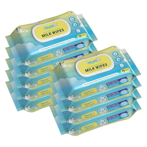 MUMta Milk baby wipes | With 99% Pure Water, Milk and Probiotics- 648 wipes| Plant Based Fabric for Sensitive Skin| Prevents irritation & rashes.(72 Each, Pack of 9) - Image 1