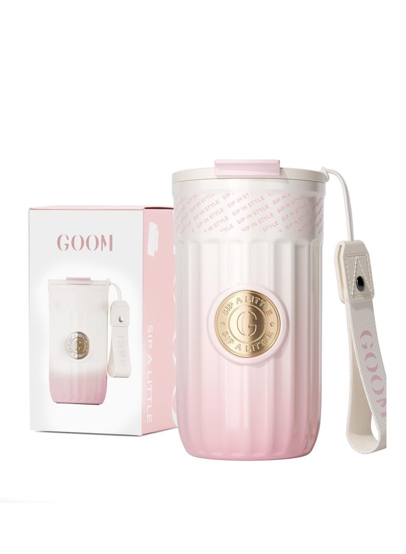 GOOM The Emblem Travel Coffee Tumbler with Lid and Straw, Insulated To Go Coffee Mug with Flip Straw, 18/10 Stainless Steel, 7-Layer Insulation, 17oz, Leap Proof, Spill Proof, Pink