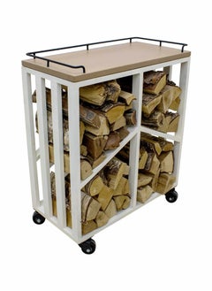 NABCO Wood Rack Trolley with Solid Wood Frame for Patio – 70x35x84 cm, Stylish Outdoor Firewood Rack, Compact for Backyard or Garden, Natural Teak/White  - Image 1