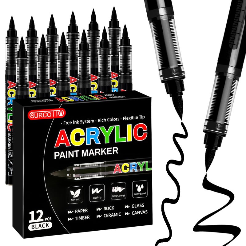 Surcotto 12 PCs Black Acrylic Paint Markers, Soft Brush Tip Pens and Markers, Acrylic Paint Pens for Wood, Stone, Canvas, Glass, Fabric, Egg, Rock Painting and DIY Crafts Art Supplies - Image 1