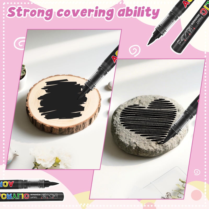 Surcotto 12 PCs Black Acrylic Paint Markers, Soft Brush Tip Pens and Markers, Acrylic Paint Pens for Wood, Stone, Canvas, Glass, Fabric, Egg, Rock Painting and DIY Crafts Art Supplies - Image 5