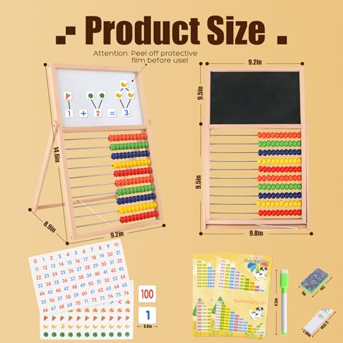 Ranqibo Wooden Abacus for Kids Math DoubleSided Blackboard Whiteboard Magnetic Abacus with 100 Magnetic Number Fruit Stickers Educational Counting Games Kids Gift - Image 5
