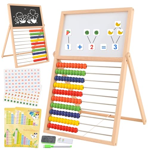 Ranqibo Wooden Abacus for Kids Math DoubleSided Blackboard Whiteboard Magnetic Abacus with 100 Magnetic Number Fruit Stickers Educational Counting Games Kids Gift - Image 1