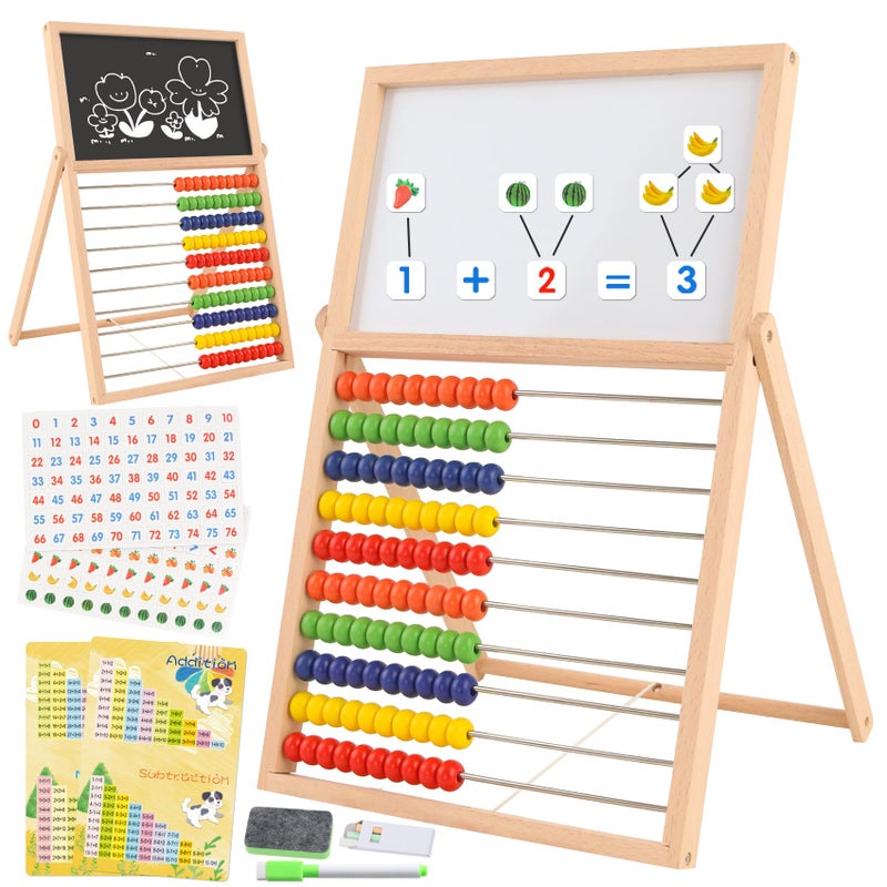 Ranqibo Wooden Abacus for Kids Math DoubleSided Blackboard Whiteboard Magnetic Abacus with 100 Magnetic Number Fruit Stickers Educational Counting Games Kids Gift - Image 3