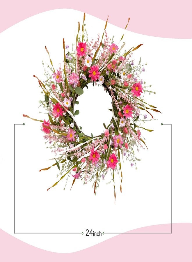 TEMPUS 24 Inch Artificial Spring and Summer for Front Door Wreath Pink Daisy and Lavender Wreath Garden Party Home Wall Wedding Decor - Image 4