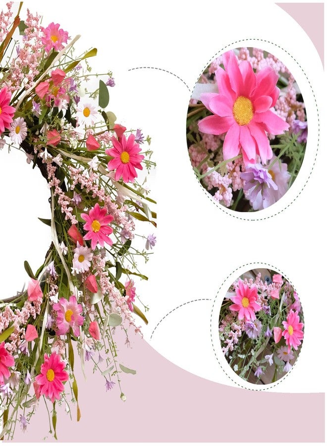 TEMPUS 24 Inch Artificial Spring and Summer for Front Door Wreath Pink Daisy and Lavender Wreath Garden Party Home Wall Wedding Decor - Image 5