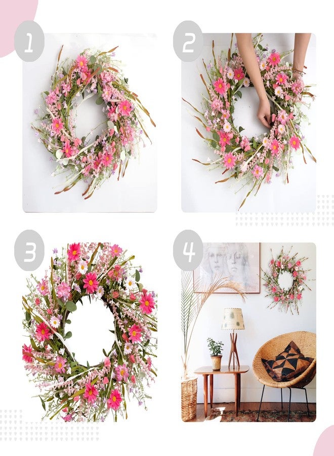 TEMPUS 24 Inch Artificial Spring and Summer for Front Door Wreath Pink Daisy and Lavender Wreath Garden Party Home Wall Wedding Decor - Image 3