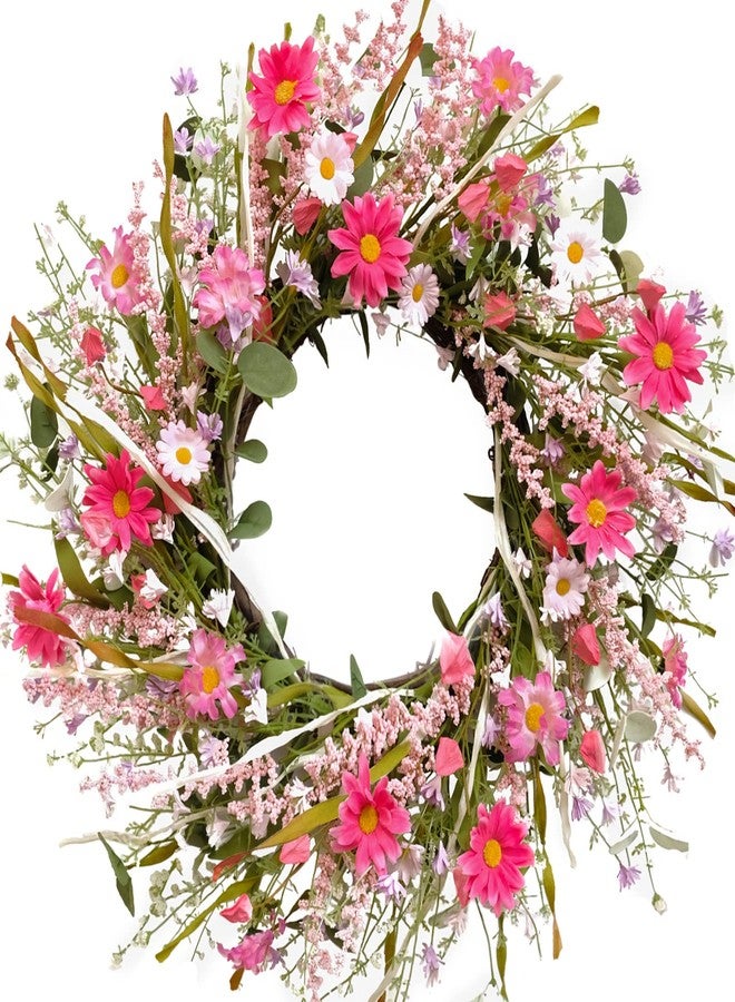 TEMPUS 24 Inch Artificial Spring and Summer for Front Door Wreath Pink Daisy and Lavender Wreath Garden Party Home Wall Wedding Decor - Image 2