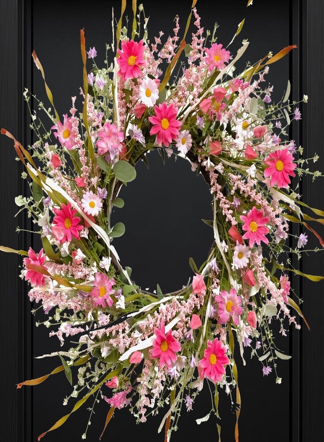 TEMPUS 24 Inch Artificial Spring and Summer for Front Door Wreath Pink Daisy and Lavender Wreath Garden Party Home Wall Wedding Decor - Image 1