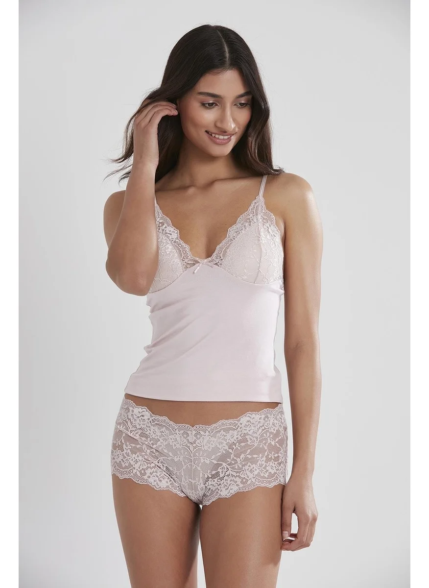 بيير كاردان 332 Women's Lace Combed Cotton Singlet Panties Camisole Set - Powder