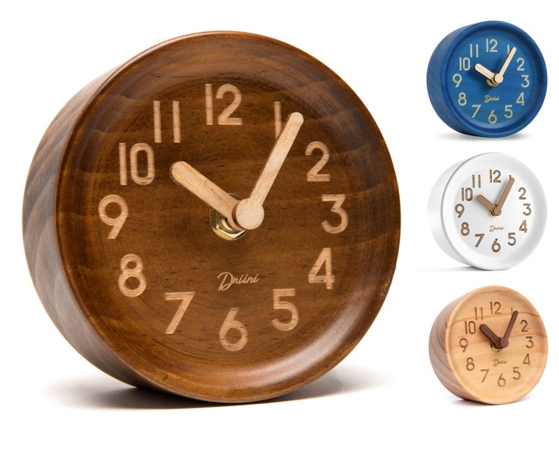 Driini Wooden Analog Desktop Clock  43 in Decorative Pinewood NoTick Design  Easy to Read Silent Sweep Mantle Clock  Quiet Tabletop Clocks with Wood Body Hands  Battery Cover Dark