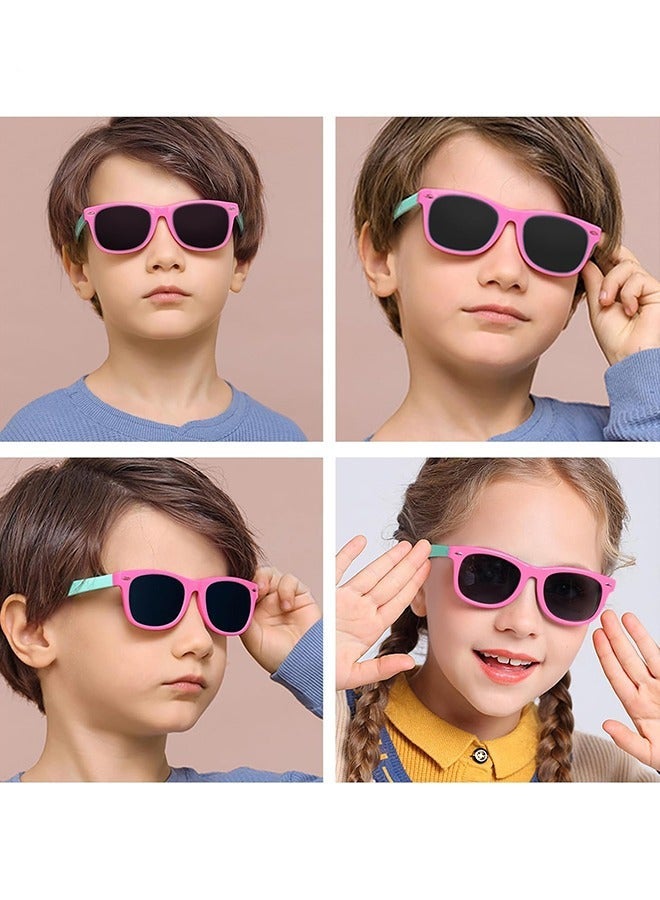 Children's Polarized Sunglasses  Age 2 to10 TPEE Rubber Flexible Frame for Boys Girls with Car Glasses Case 100% UV Protection for Beach Trips Park Playdates Family Hikes Stroller Rides Daily Outdoor Activities,Pink and Green - Image 2