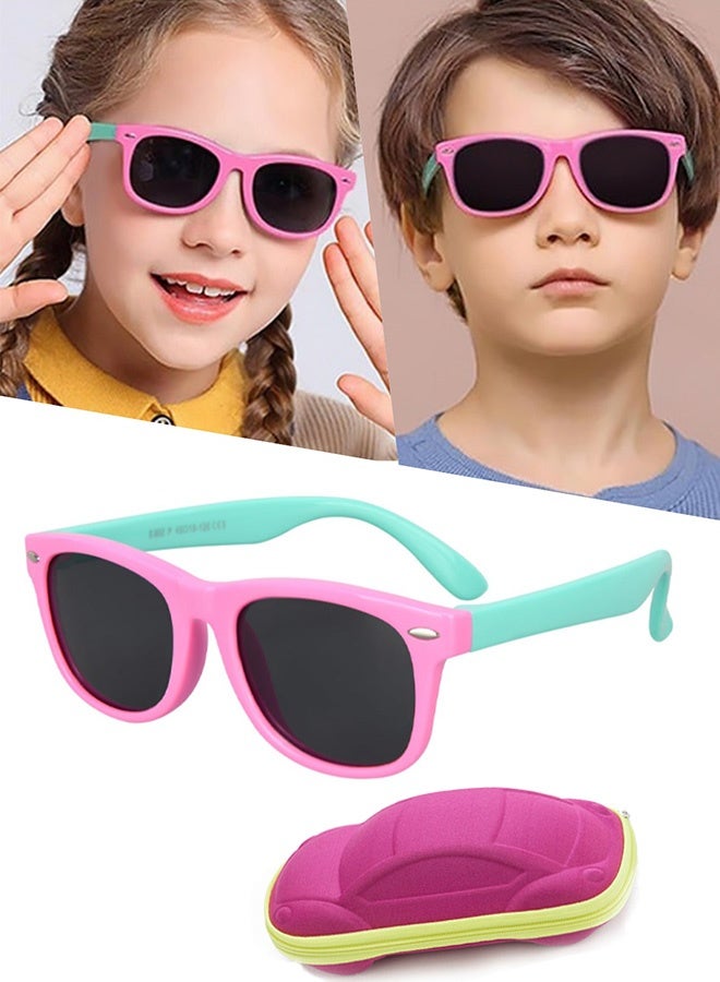 Children's Polarized Sunglasses  Age 2 to10 TPEE Rubber Flexible Frame for Boys Girls with Car Glasses Case 100% UV Protection for Beach Trips Park Playdates Family Hikes Stroller Rides Daily Outdoor Activities,Pink and Green - Image 1