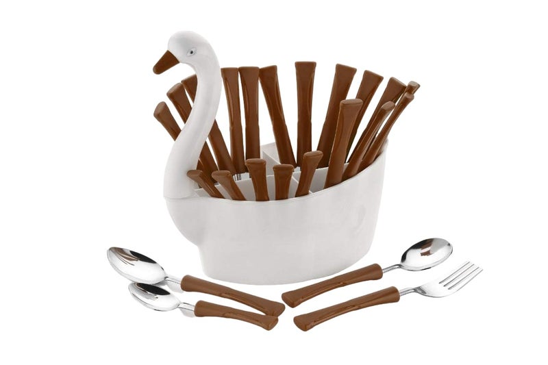 ConvertKitchen Duck Cutlery Set with Stand 24Piece Stainless Steel Plastic Dining Tableware Includes Spoons and Forks Elegant Kitchen Utensil Set - Image 1