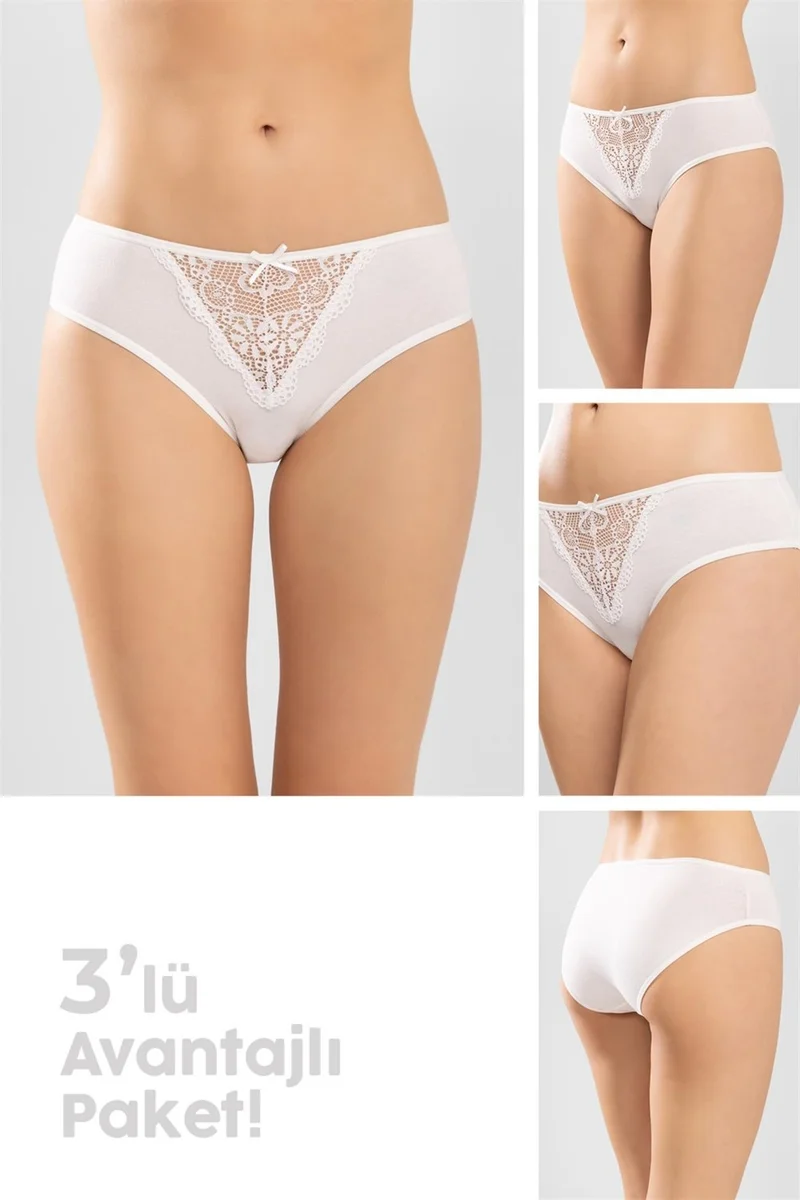 Baykar Women's White Lace Detailed Cotton Classic Women's Panties 3-Pack 8251 White