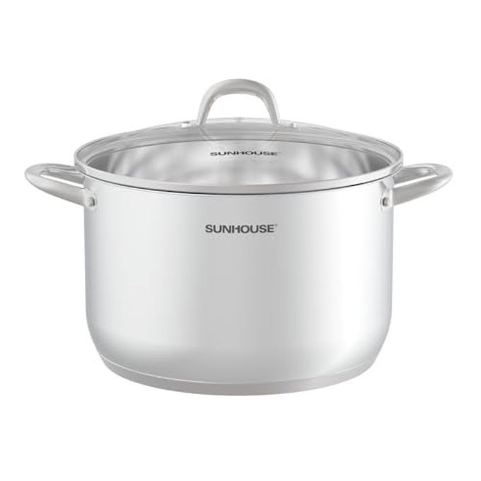 13QUART STAINLESS STEEL STOCKPOT WTEMPERED GLASS LID HEAVYDUTY FOODGRADE COOKWARE FOR SIMMERING BOILING AND INDUCTION COOKING EXCEPTIONAL HEAT DISTRIBUTION