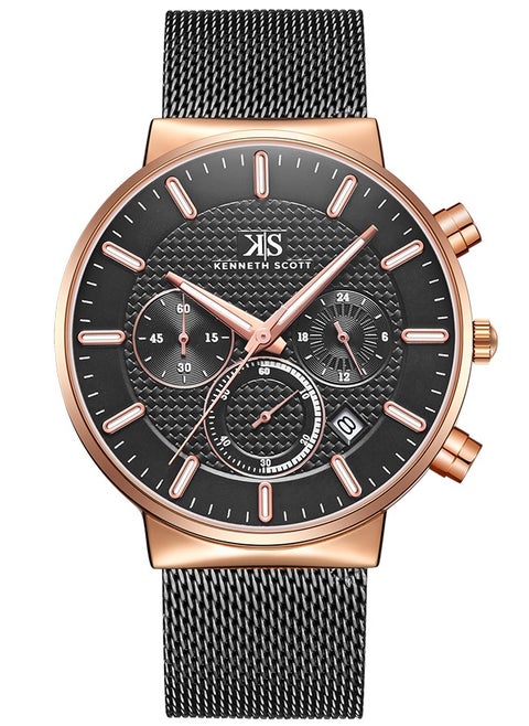 Kenneth Scott Men's Quartz Movement Watch, Multi Function Display and Mesh Strap - K22133-KMBB, Black