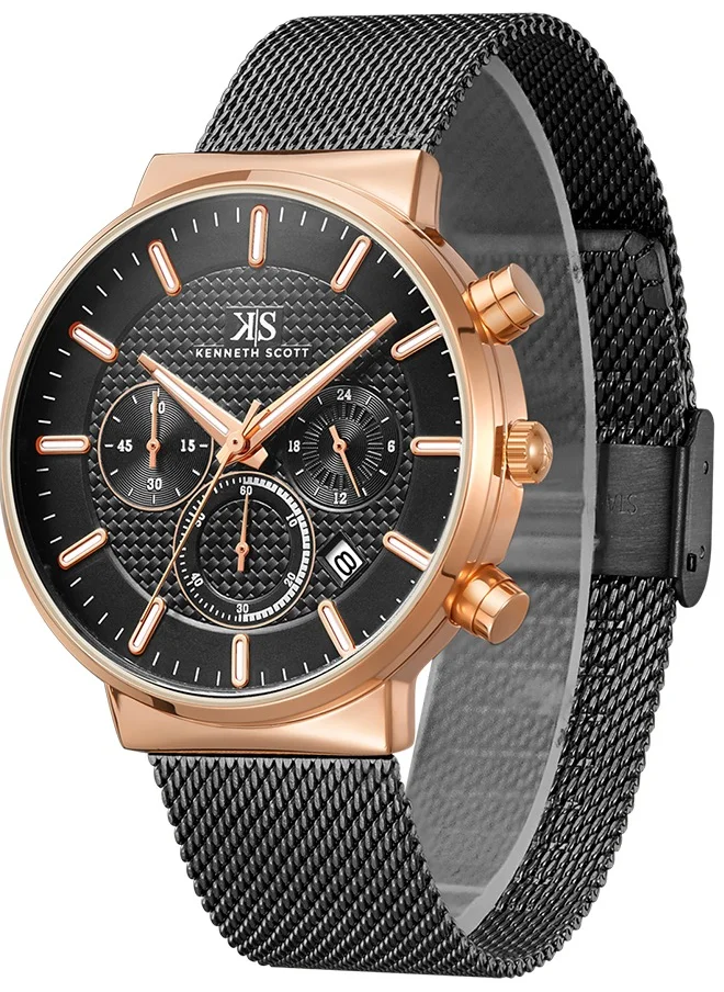 KENNETH SCOTT Kenneth Scott Men's Quartz Movement Watch, Multi Function Display and Mesh Strap - K22133-KMBB, Black