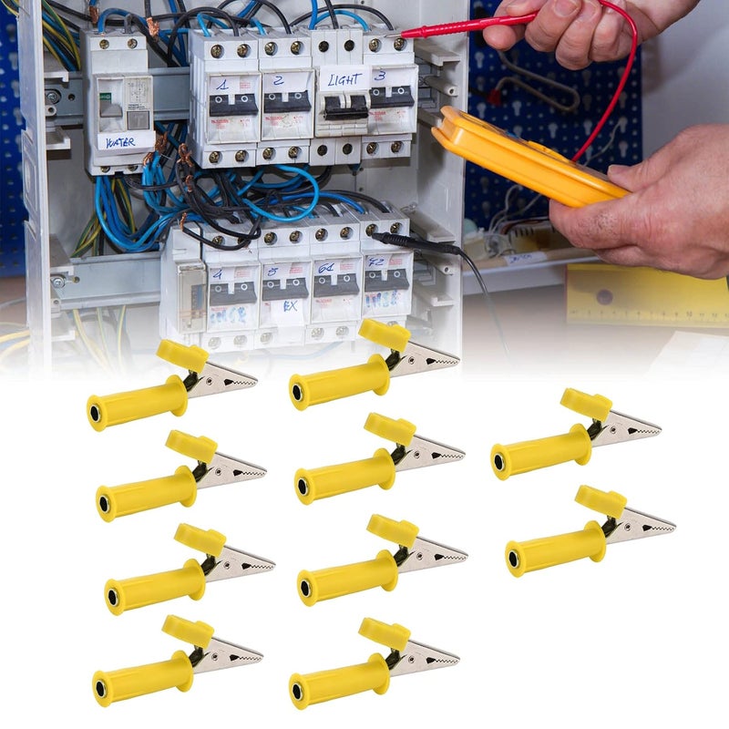 مشابك تمساح صفراء معزولة 10 قطع، مشابك طرفية نحاسية للاختبار بفتحة 5 مم ومقبس 4 مم لشحن بطارية السيارة والتجارب الكهربائية - Image 4