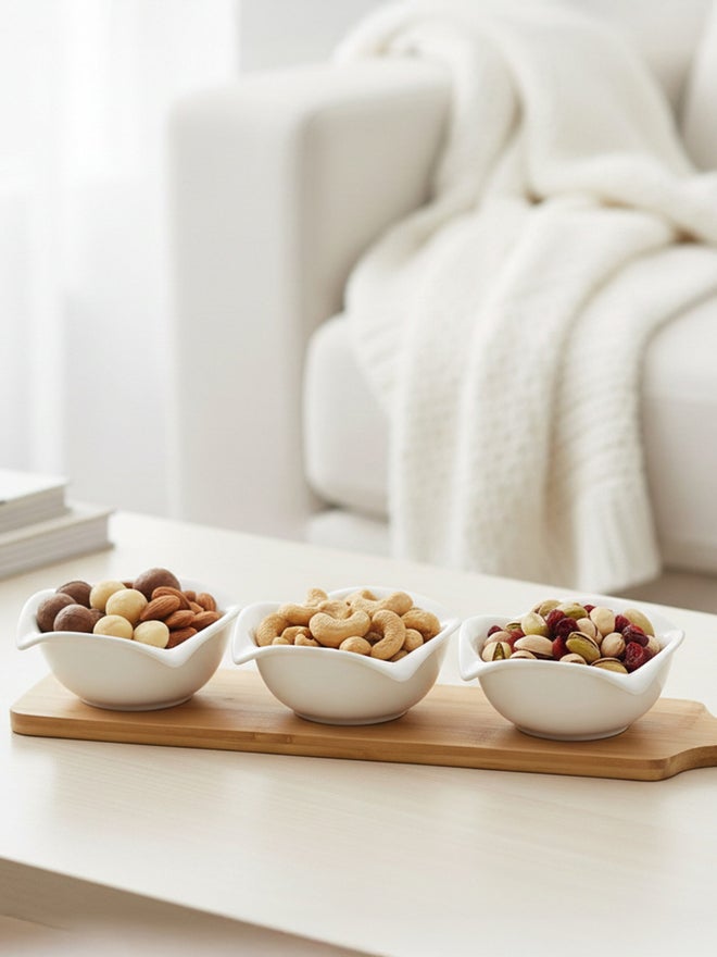 Shallow 3-Piece Round Porcelain Bowls with Bamboo Stand, 12cm - Image 4