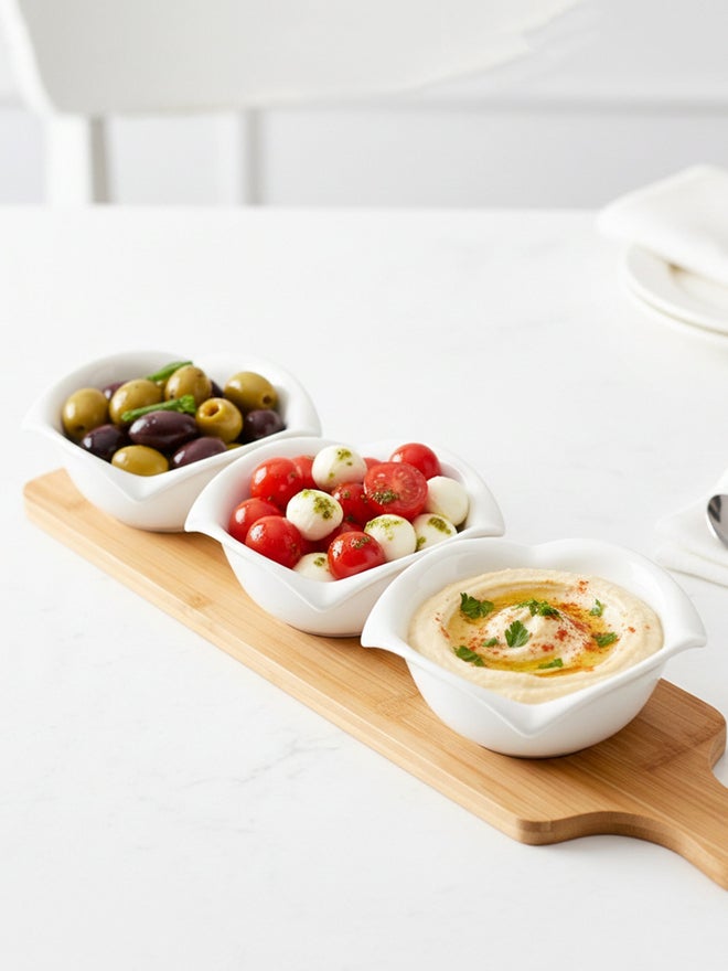 Shallow 3-Piece Round Porcelain Bowls with Bamboo Stand, 12cm - Image 2